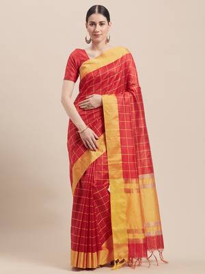 Red Woven Cotton Saree With Blouse 1