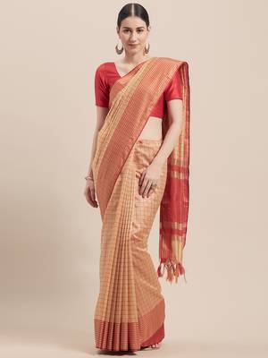Beige Woven Cotton Saree With Blouse 1