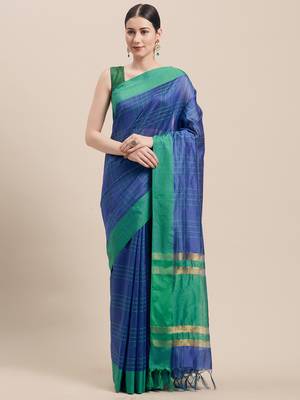 Blue Woven Cotton Saree With Blouse 1