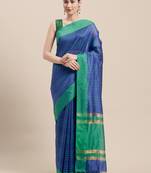 Blue Woven Cotton Saree With Blouse