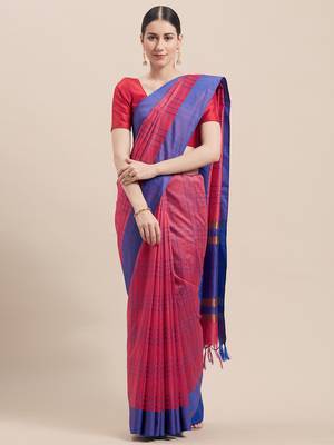 Magenta Woven Cotton Saree With Blouse 1