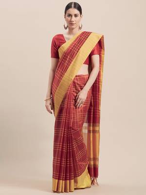 Red Woven Cotton Saree With Blouse 1