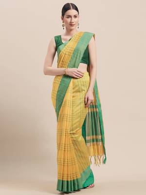 Yellow Woven Cotton Saree With Blouse 1