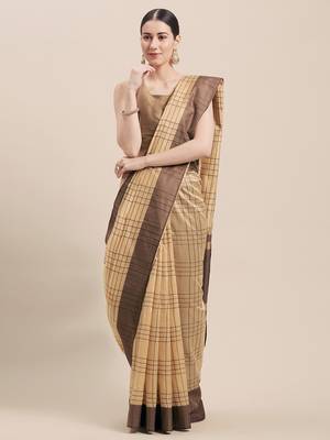 Beige Woven Cotton Saree With Blouse 1