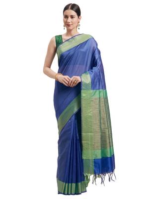 Blue Woven Cotton Saree With Blouse 1