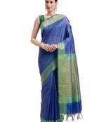 Blue Woven Cotton Saree With Blouse
