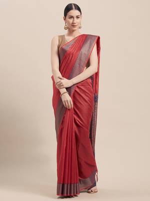 Red Woven Cotton Saree With Blouse 1
