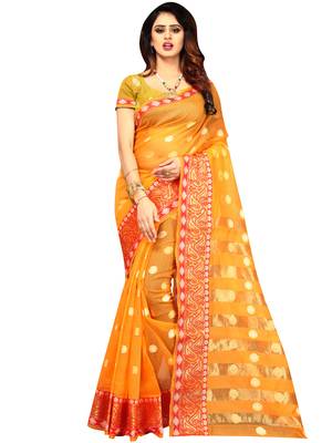 Mustard Woven Banarasi Cotton Saree With Blouse 1