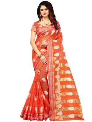 Red woven banarasi cotton saree with blouse 1