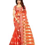Red woven banarasi cotton saree with blouse