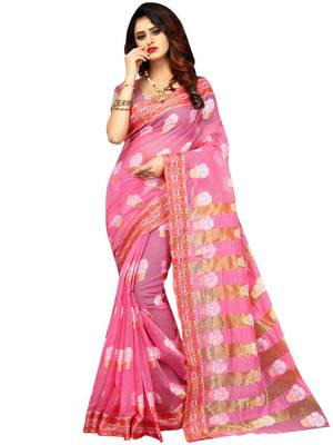 Baby Pink Woven Banarasi Cotton Saree With Blouse 1
