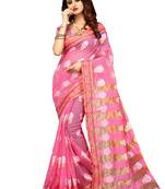 Baby Pink Woven Banarasi Cotton Saree With Blouse