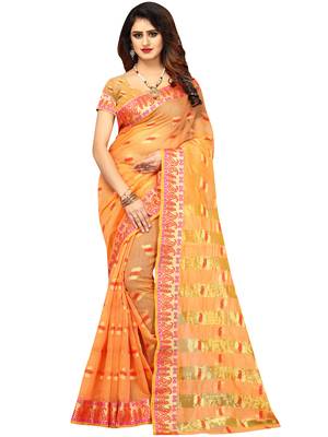Peach Woven Banarasi Cotton Saree With Blouse 1