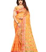 Peach Woven Banarasi Cotton Saree With Blouse