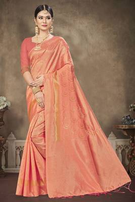 Peach Woven Banarasi Silk Saree With Blouse 1