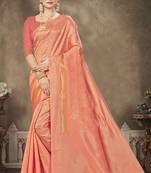 Peach Woven Banarasi Silk Saree With Blouse