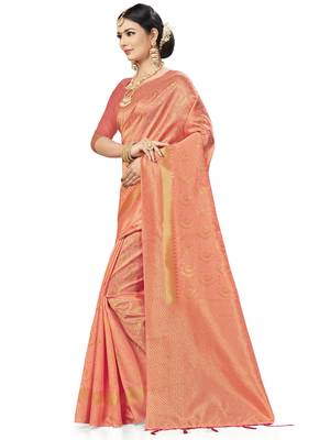 Peach Woven Banarasi Silk Saree With Blouse 2