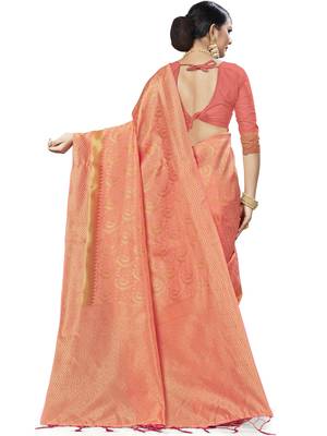 Peach Woven Banarasi Silk Saree With Blouse 3