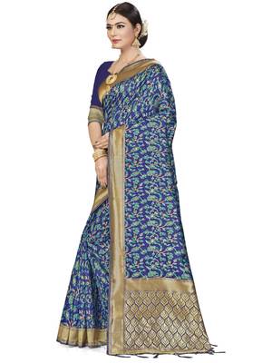 Blue Woven Banarasi Silk Saree With Blouse 2