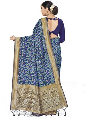 Blue Woven Banarasi Silk Saree With Blouse 3