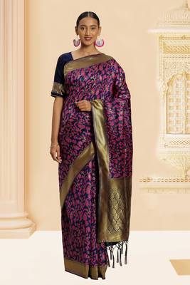 Navy blue woven banarasi silk saree with blouse 1
