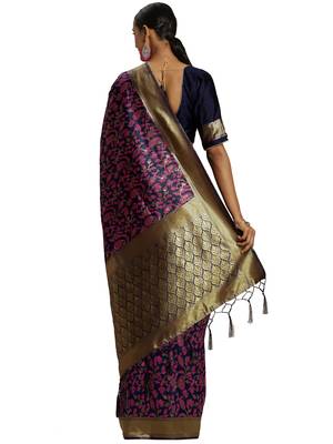 Navy blue woven banarasi silk saree with blouse 2