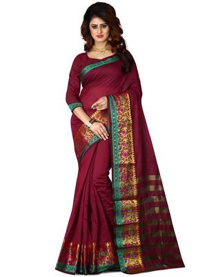 Maroon Woven Banarasi Cotton Saree With Blouse 1
