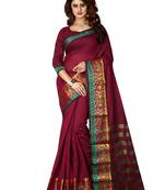 Maroon Woven Banarasi Cotton Saree With Blouse