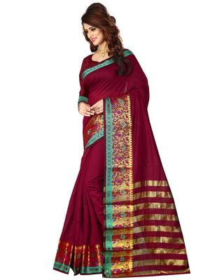 Maroon Woven Banarasi Cotton Saree With Blouse 2