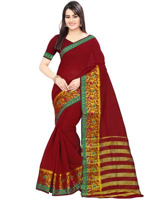 Maroon Woven Banarasi Cotton Saree With Blouse 4
