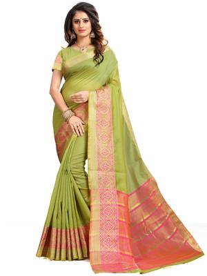 Light Green Woven Banarasi Cotton Saree With Blouse 1