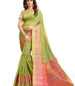 Light Green Woven Banarasi Cotton Saree With Blouse