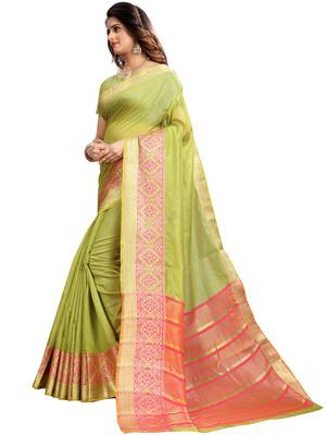 Light Green Woven Banarasi Cotton Saree With Blouse 2