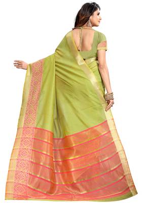 Light Green Woven Banarasi Cotton Saree With Blouse 3