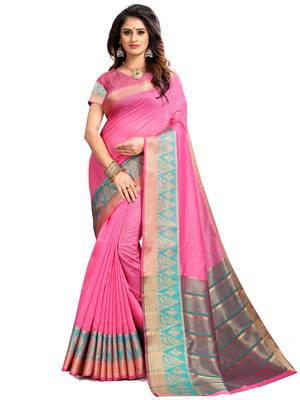 Pink Woven Banarasi Cotton Saree With Blouse 1