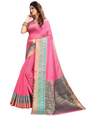 Pink Woven Banarasi Cotton Saree With Blouse 2