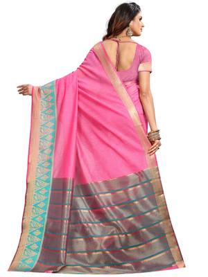 Pink Woven Banarasi Cotton Saree With Blouse 3