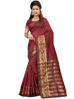 Brown Woven Banarasi Cotton Saree With Blouse 1