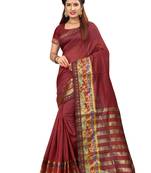 Brown Woven Banarasi Cotton Saree With Blouse
