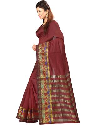 Brown Woven Banarasi Cotton Saree With Blouse 2