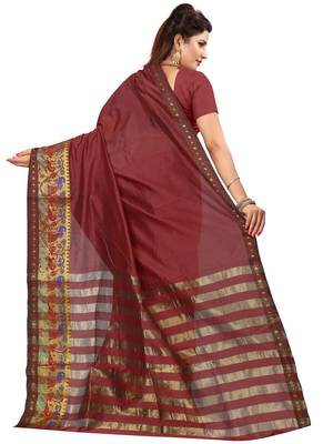 Brown Woven Banarasi Cotton Saree With Blouse 3