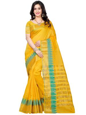 Yellow Woven Banarasi Cotton Saree With Blouse 1