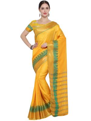 Yellow Woven Banarasi Cotton Saree With Blouse 4