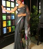 Grey woven blended cotton saree with blouse