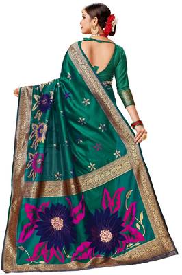 Dark Green Woven Faux Silk Blend Saree With Blouse 3