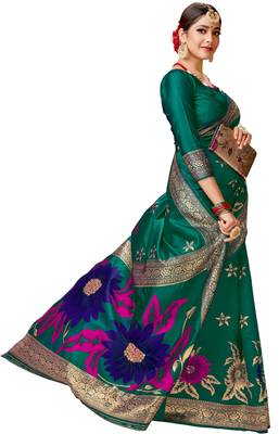 Dark Green Woven Faux Silk Blend Saree With Blouse 4