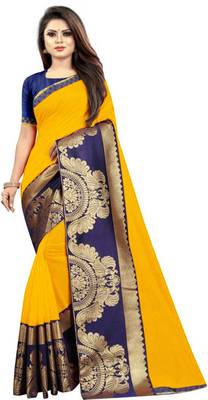 Yellow woven chanderi saree with blouse 1