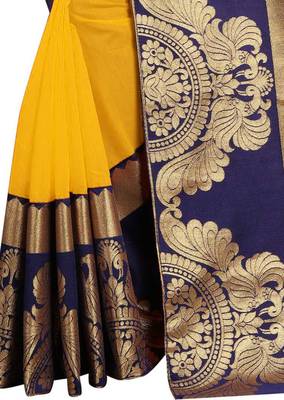 Yellow woven chanderi saree with blouse 4