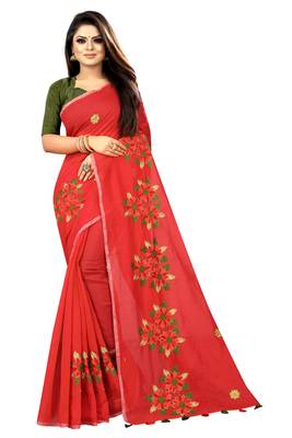 Red embroidered chanderi saree with blouse 1
