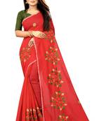 Red embroidered chanderi saree with blouse
